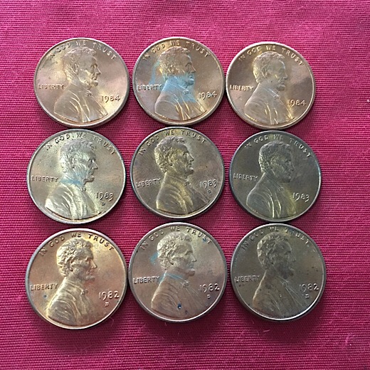 งานศิลปะรูปภาพและของสะสม : เหรียญ1เซนต์ อเมริกาปี1982 1983 1984 ปีละ3เหรียญ เคาะเดียว